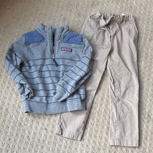 Vineyard Vines Gray and Blue Striped Pullover with Tan Pants